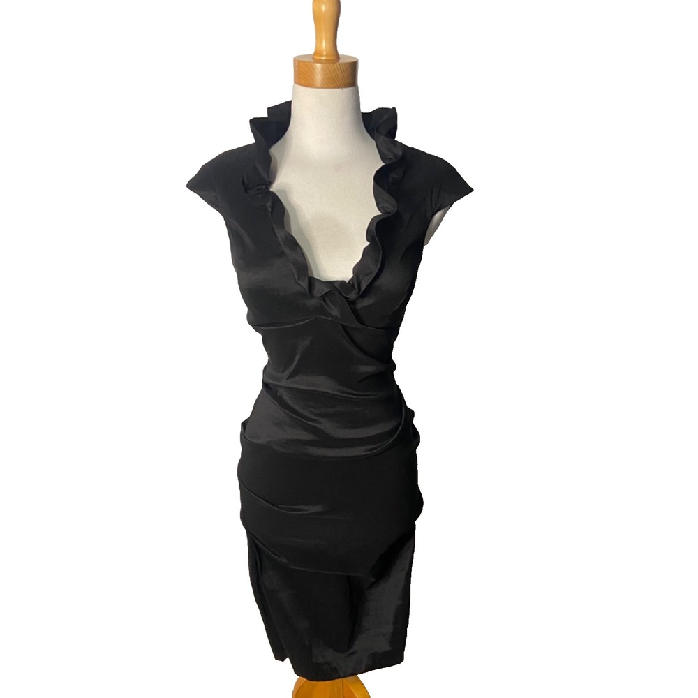 Vintage Y2K 90s XSCAPE Joanna Chen Black Ruched Ruffled Neck Bodycon Dress Sz 10